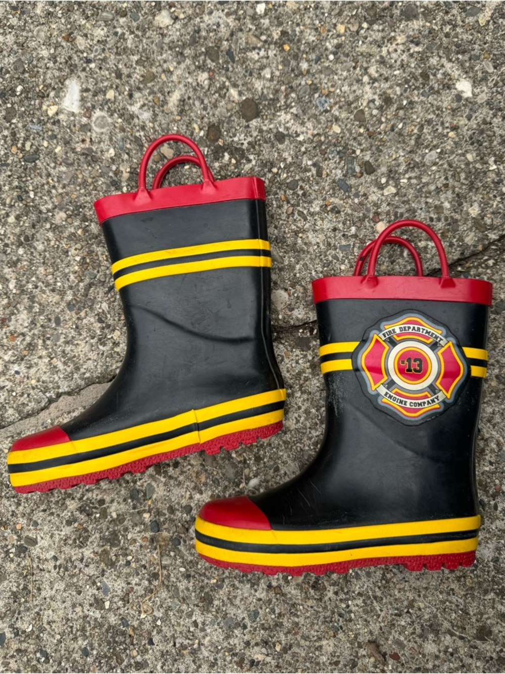 Kids Black & Red Firefighter Rain Boots with Yellow Stripes